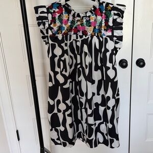 Black and White Patterned Dress with Floral Embroidery